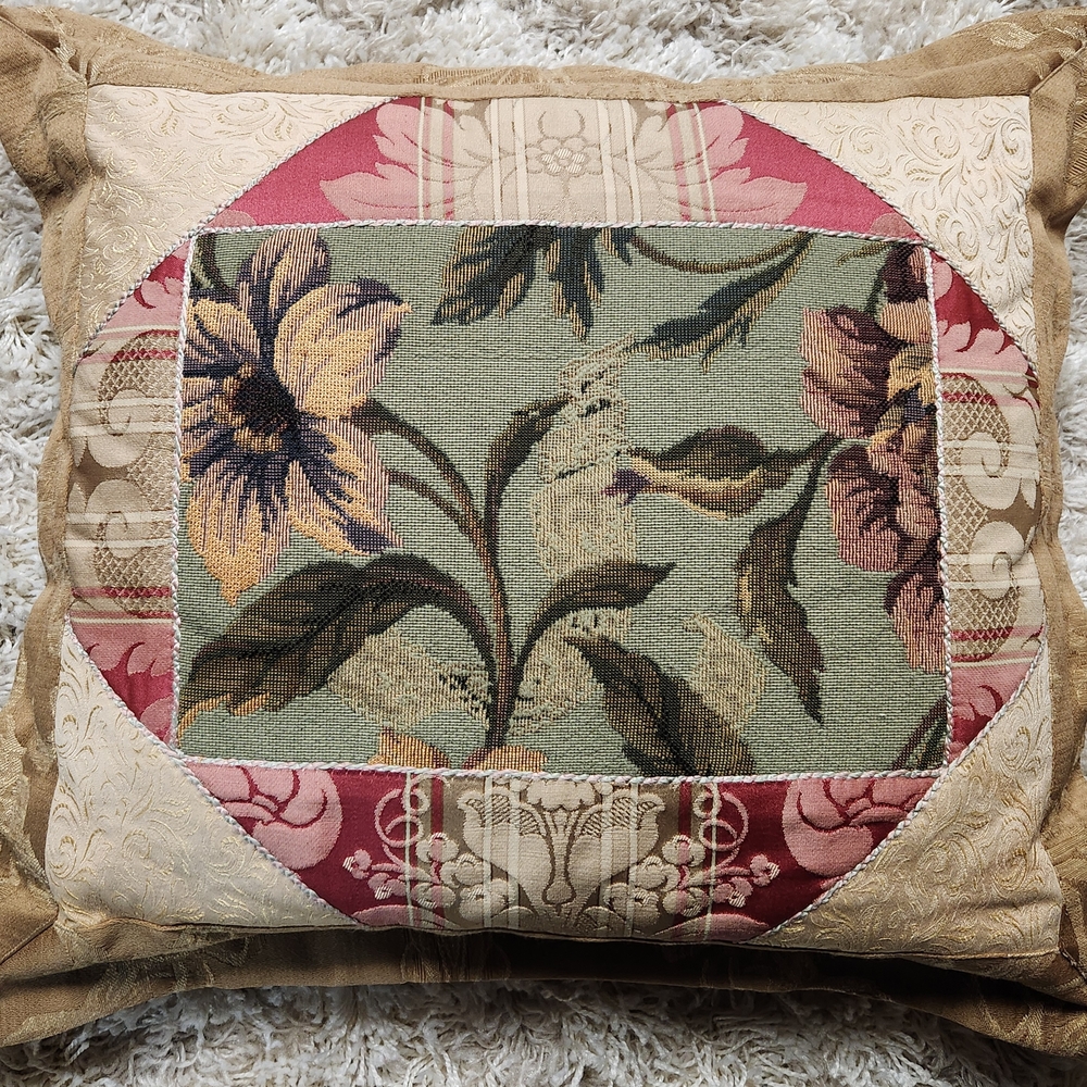 Aubusson (?) Tapestry & Patchwork Floral Throw Pillow Bedroom Couch Pink Sage